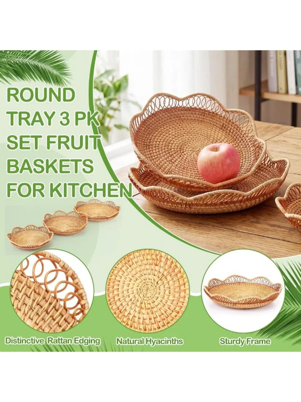 Handmade Rattan Bread & Fruit Baskets Set - Woven Decorative Serving Trays